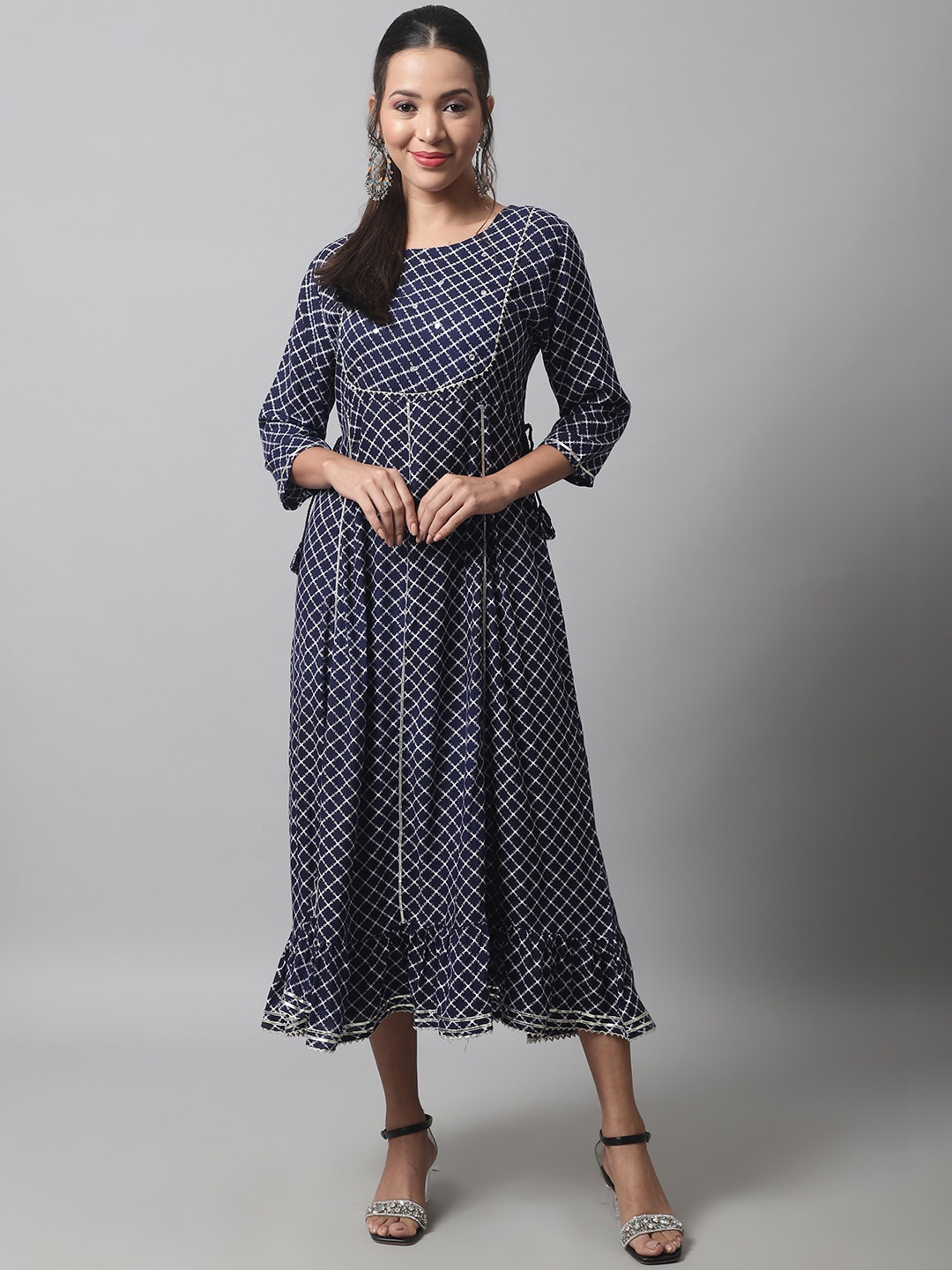 

KALINI Geometric Printed Flared Sleeves Gotta Patti Anarkali Kurta, Navy blue