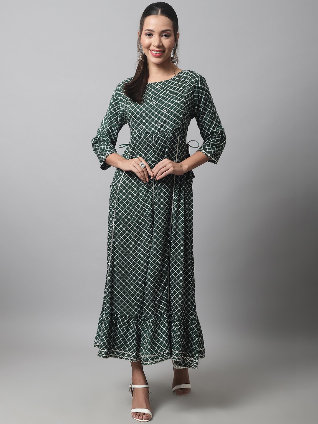 

KALINI Geometric Checked Anarkali Kurta, Green
