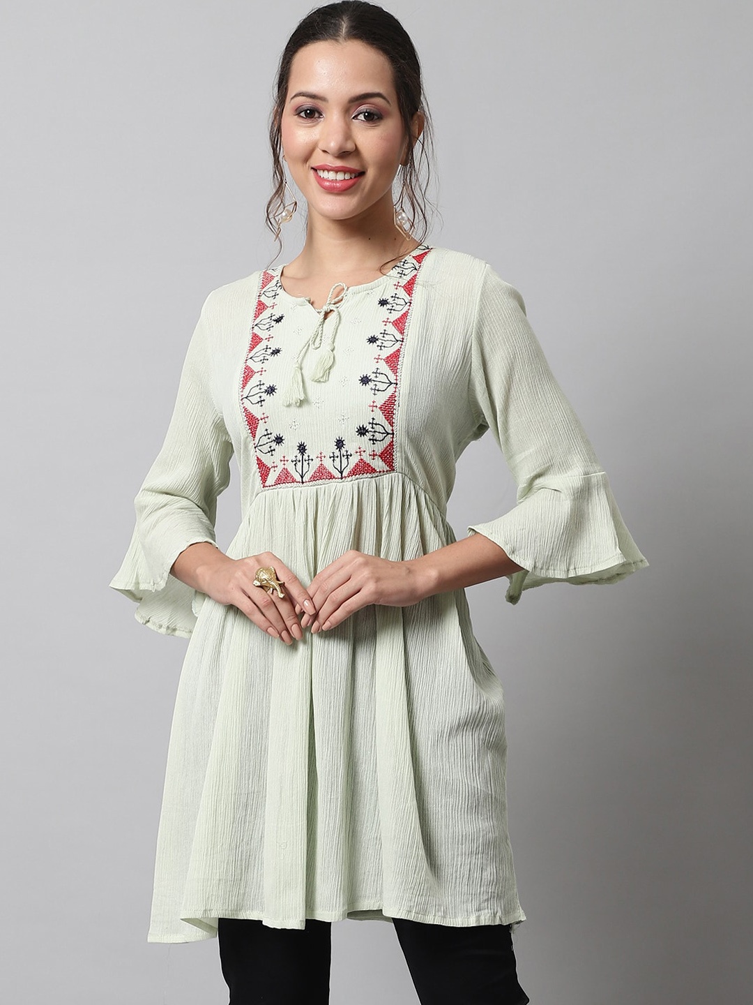 

KALINI Women Embroidered Round Neck Flared Sleeves Cotton Tunic, Green