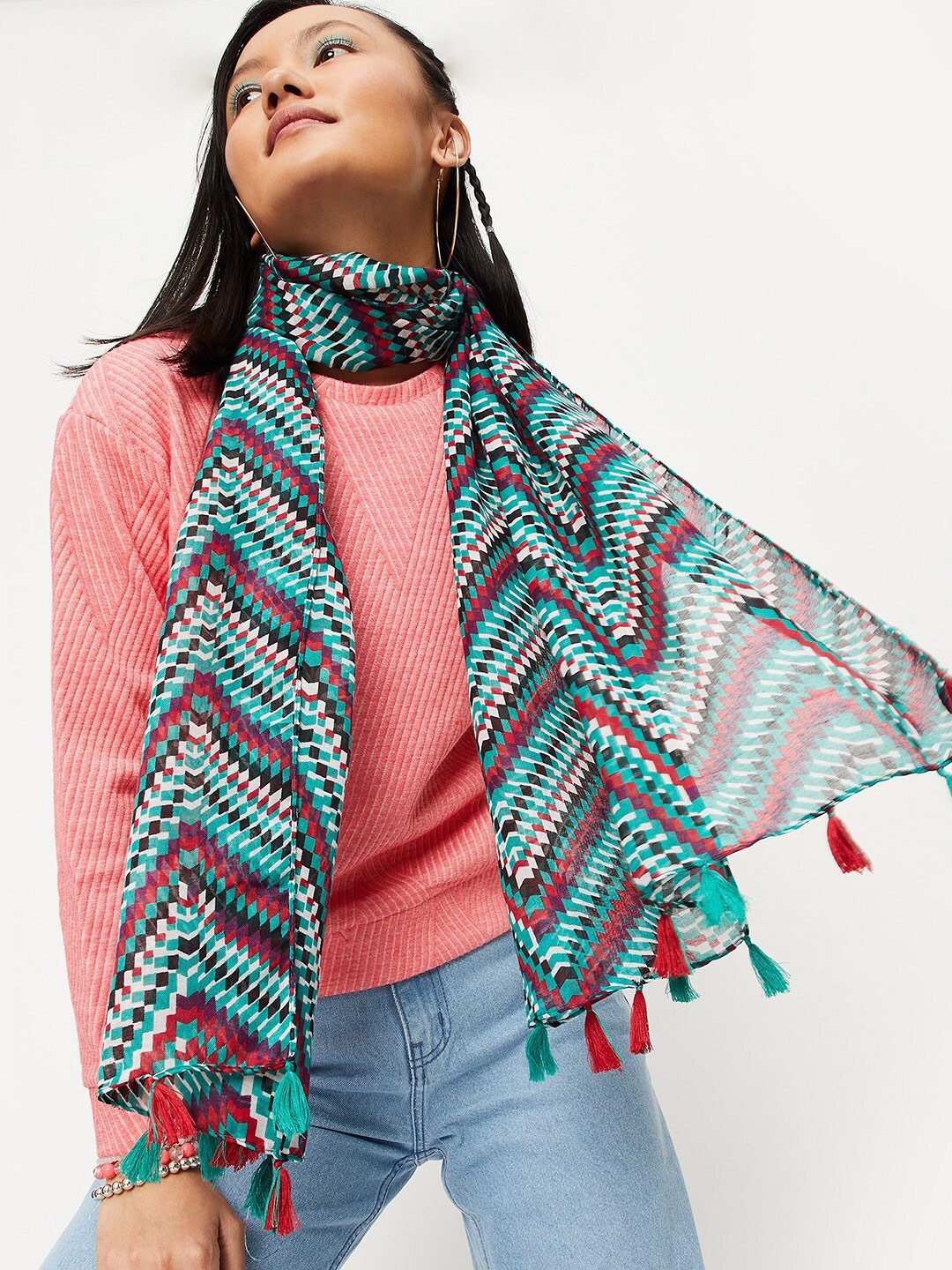 

max Women Printed Tasselled Scarf, White