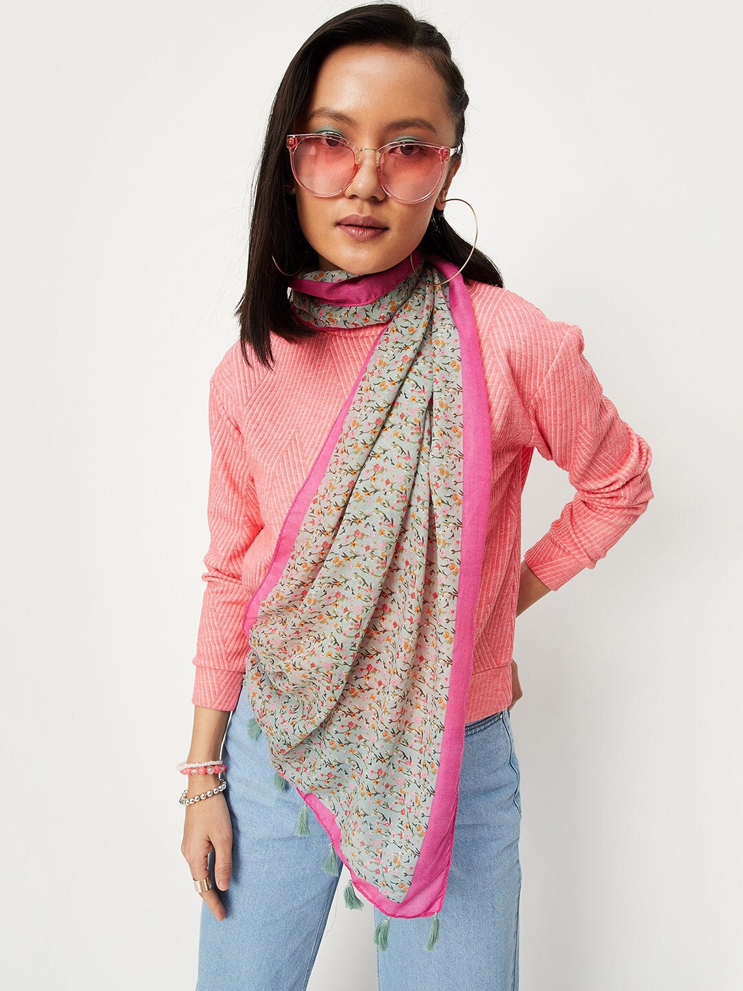 

max Women Printed Tasselled Scarf, Green