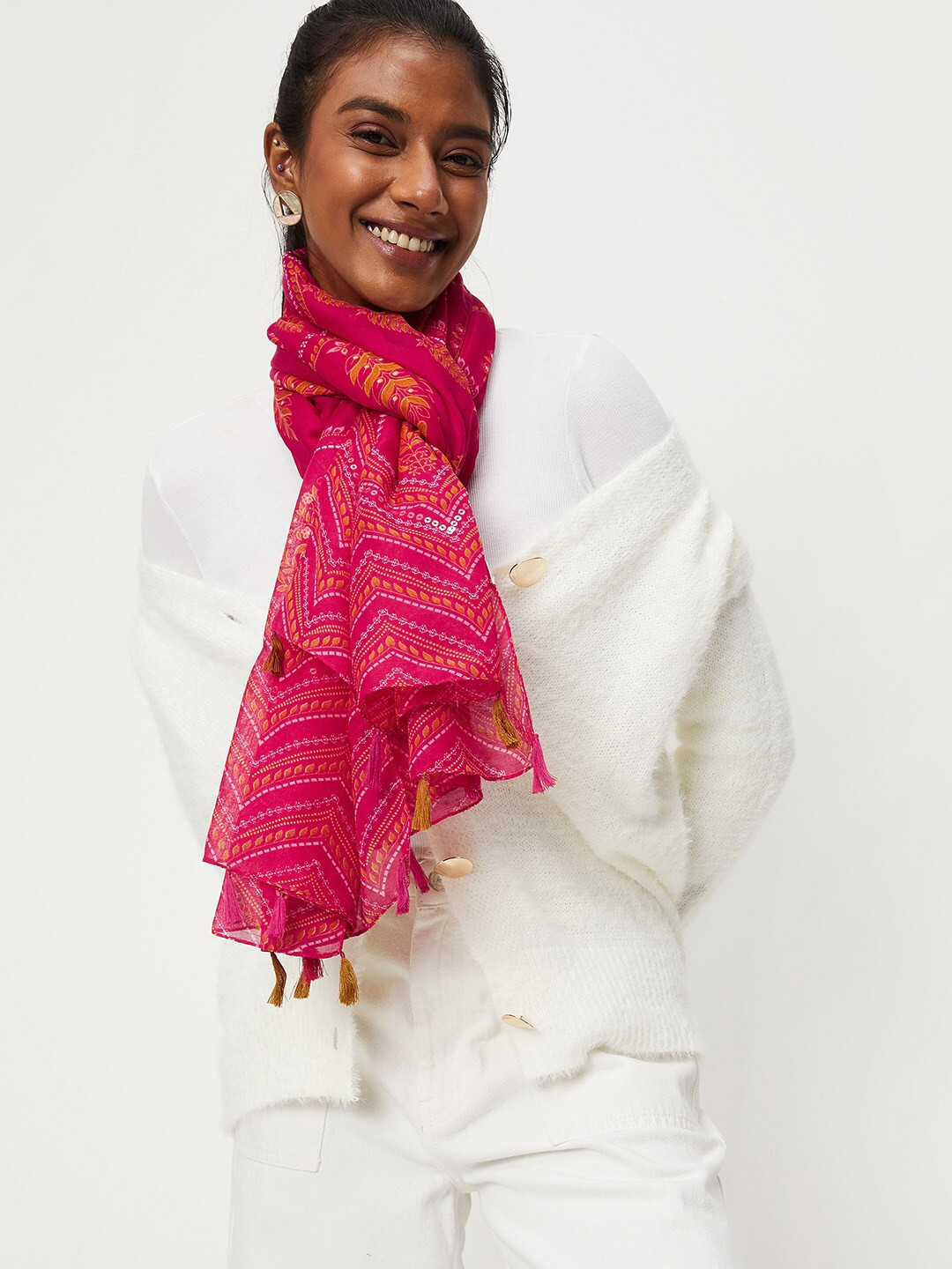 

max Women Printed Tasselled Scarf, Pink
