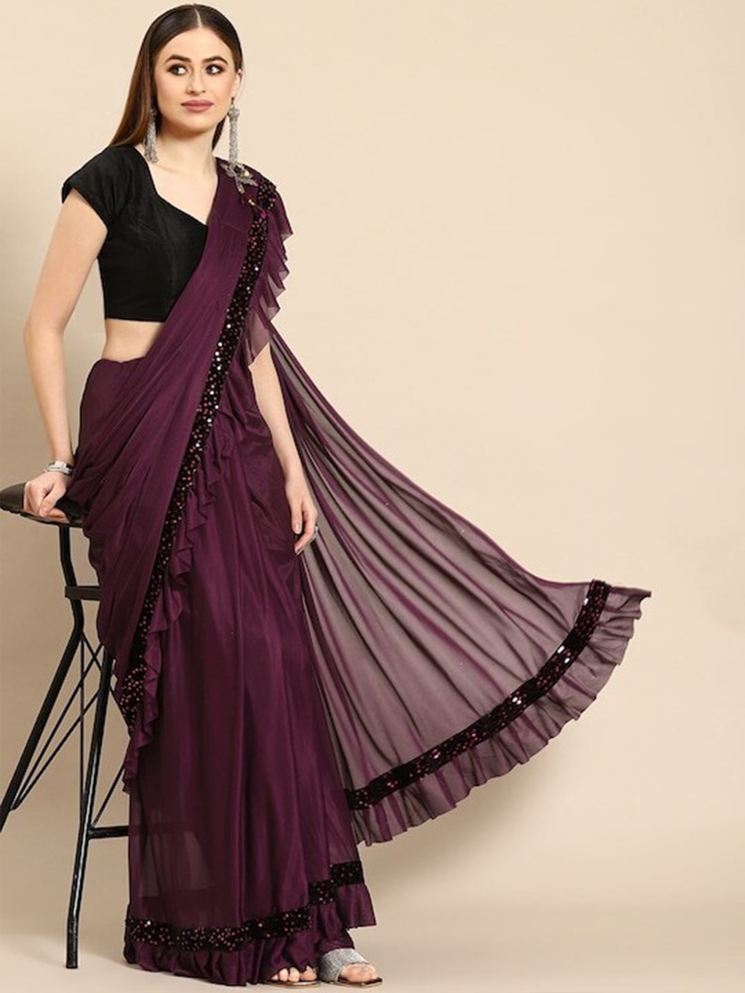 

Anouk Ruffled Sequinned Saree, Burgundy