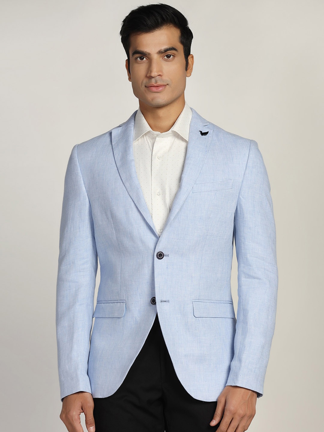 

Blackberrys Men Slim Fit Single-Breasted Linen Blazer, Blue