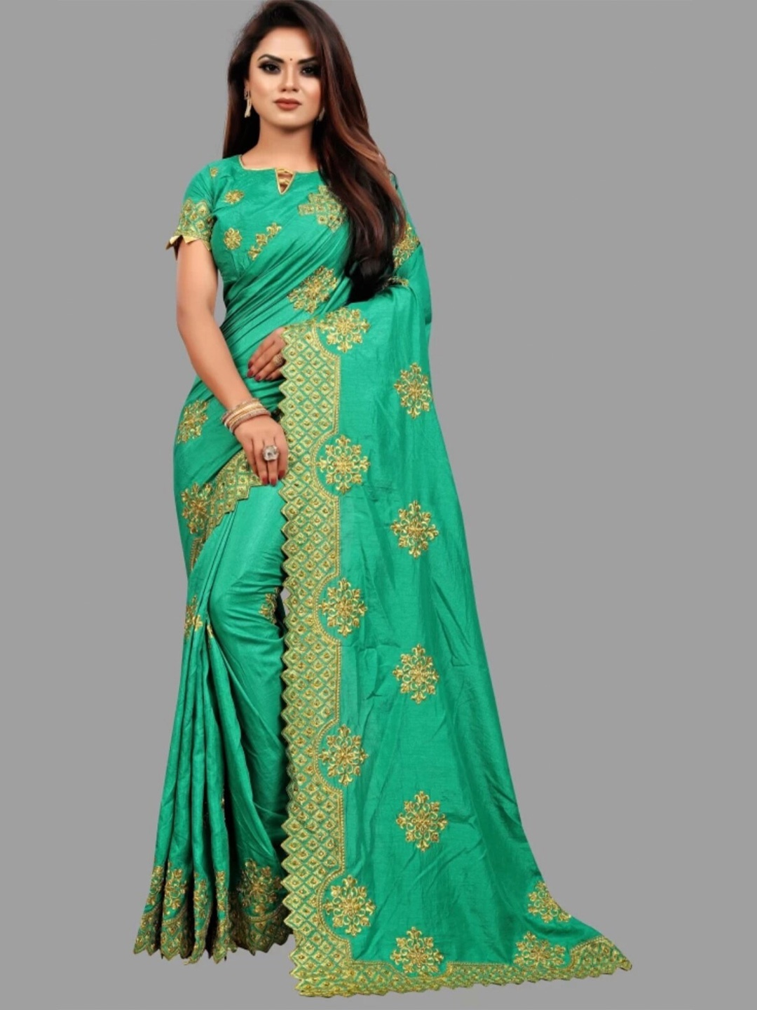 

Fashion FRICKS Ethnic Motifs Embroidered Silk Blend Heavy Work Saree, Green