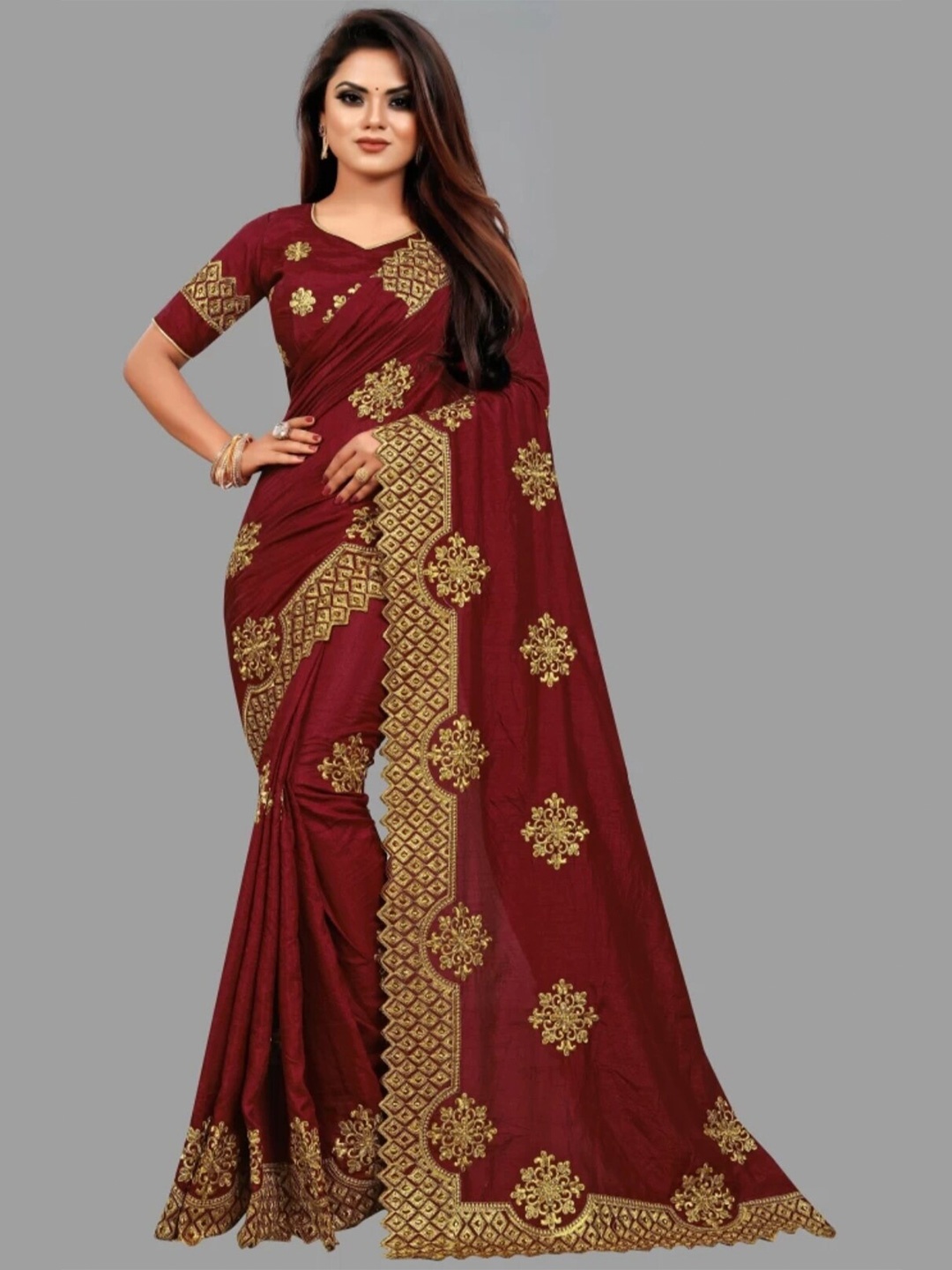 

Fashion FRICKS Ethnic Motifs Embroidered Silk Blend Heavy Work Saree, Maroon