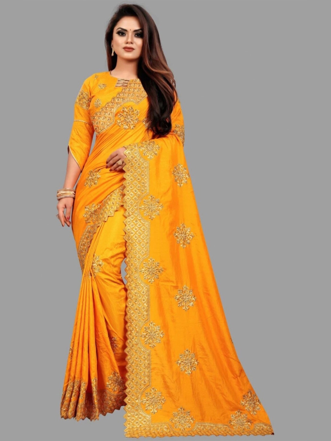 

Fashion FRICKS Ethnic Motifs Embroidered Silk Blend Heavy Work Saree, Yellow