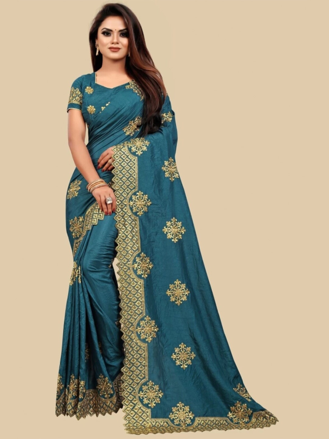 

Fashion FRICKS Floral Embroidered Silk Blend Heavy Work Saree, Blue