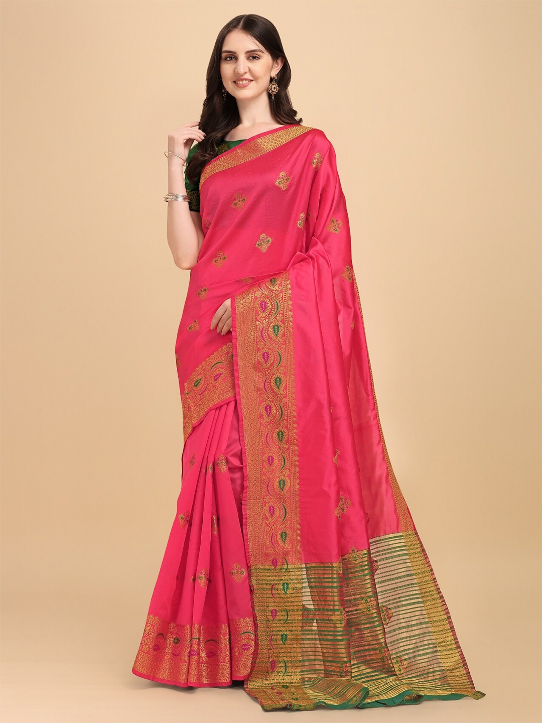 

TEREZA Ethnic Motifs Zari Pure Silk Banarasi Saree, Pink
