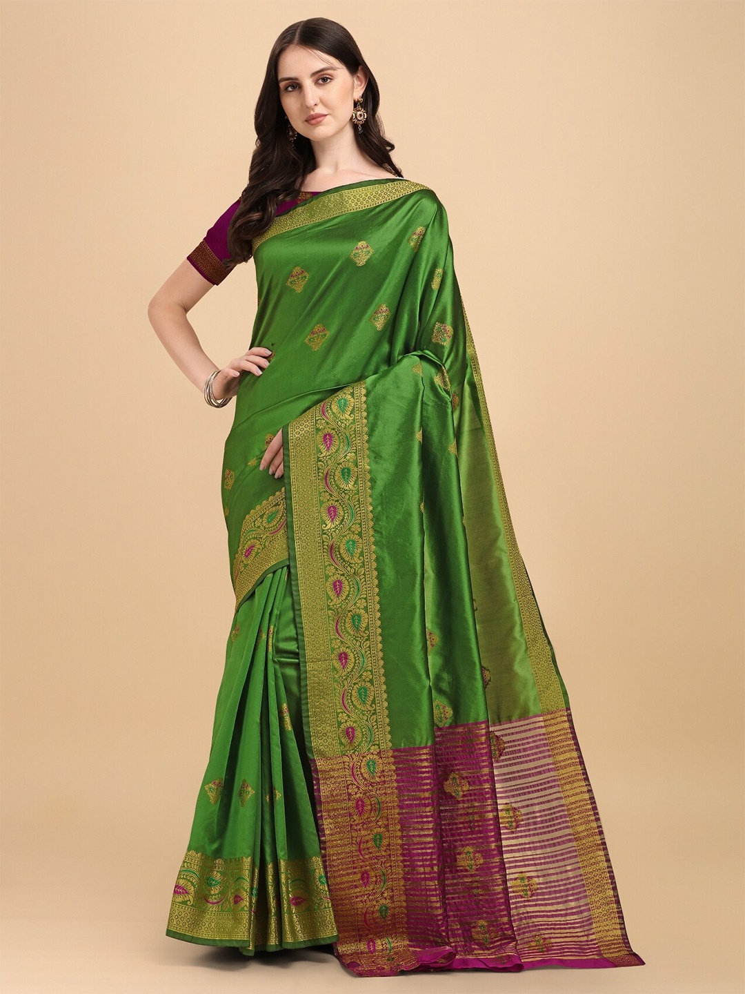 

TEREZA Ethnic Motifs Zari Pure Silk Banarasi Saree, Green