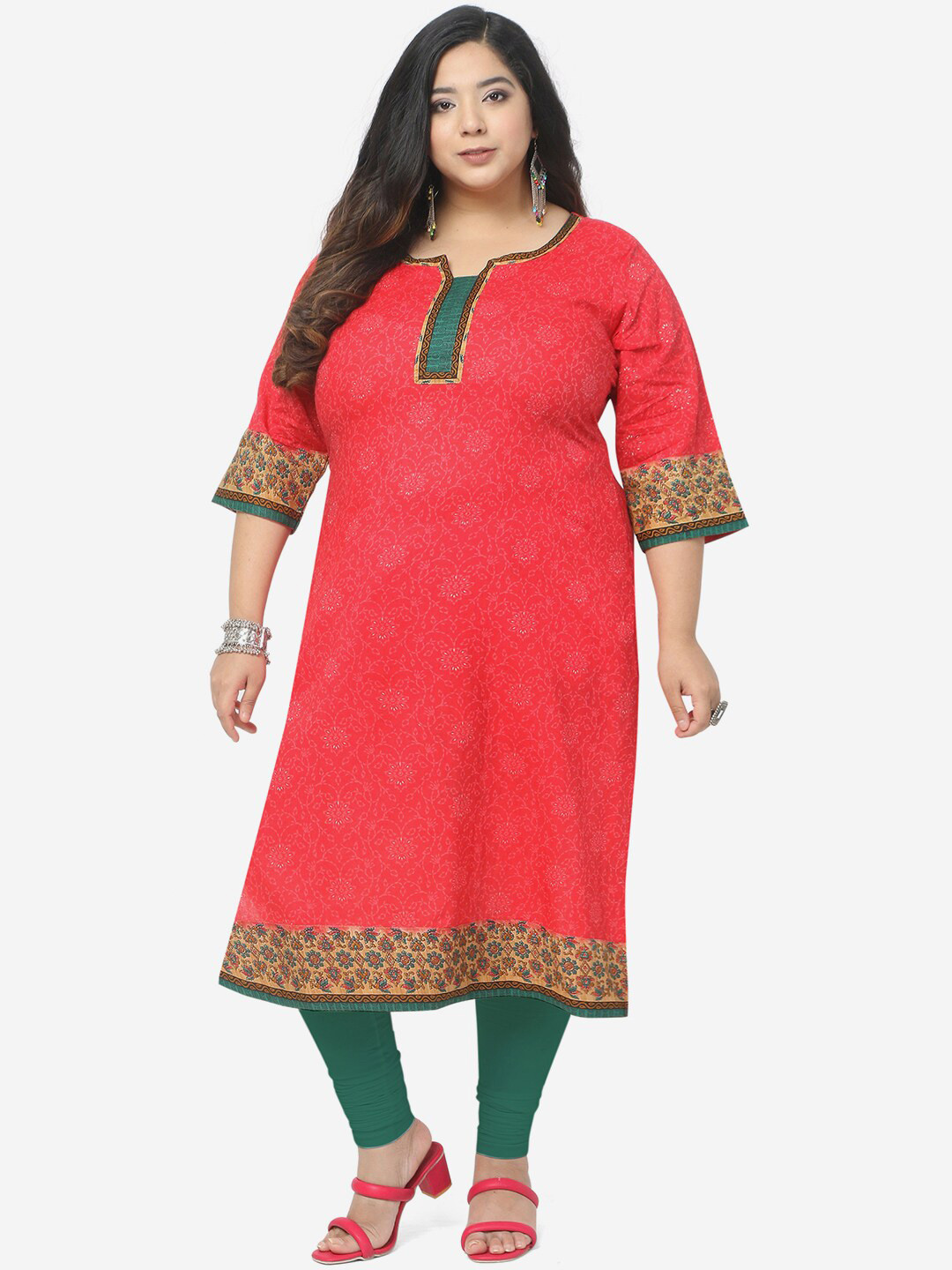 

Jevi Prints Women Plus Size Floral Printed Cotton Kurta, Red