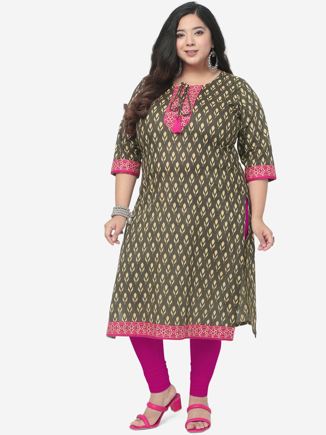 

Jevi Prints Plus Size Ethnic Motifs Printed Pure Cotton Kurta, Green
