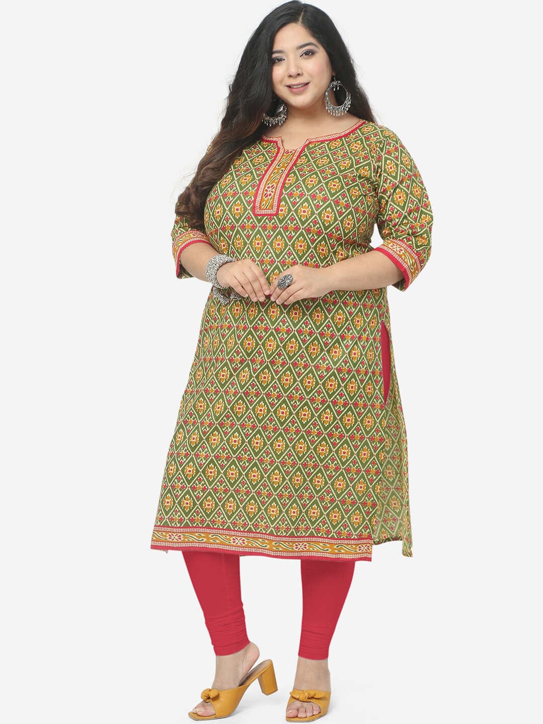 

Jevi Prints Women Plus Size Ethnic Motifs Printed Cotton Kurta, Green