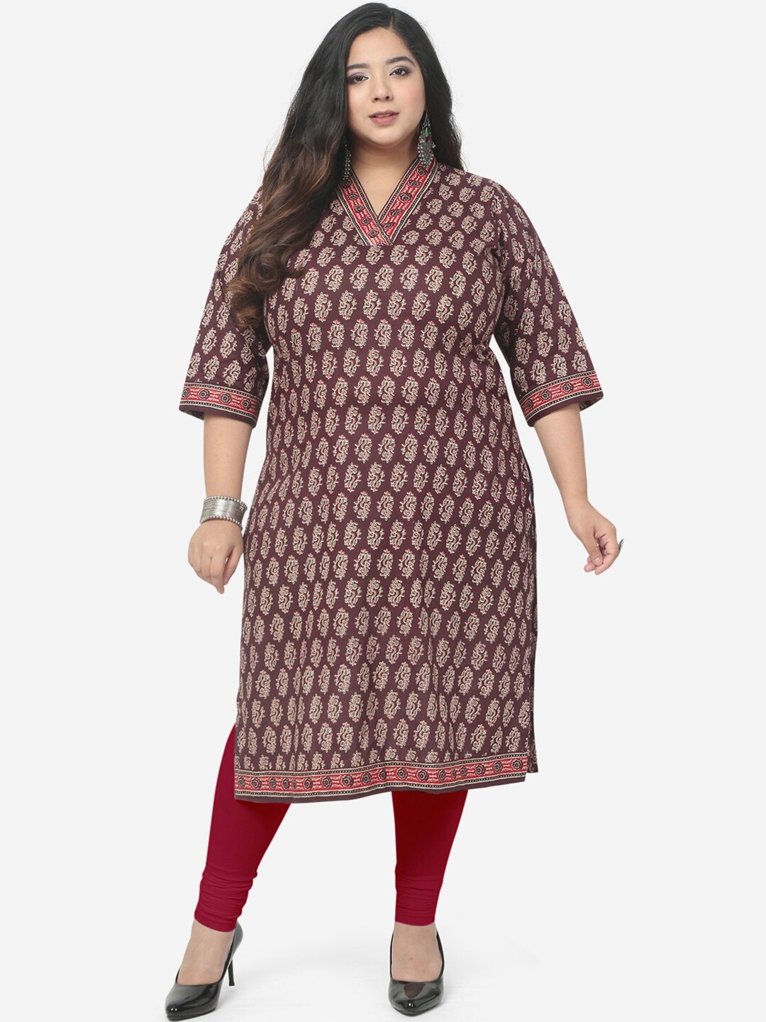 

Jevi Prints Plus Size Ethnic Motifs Printed Pure Cotton Kurta, Brown