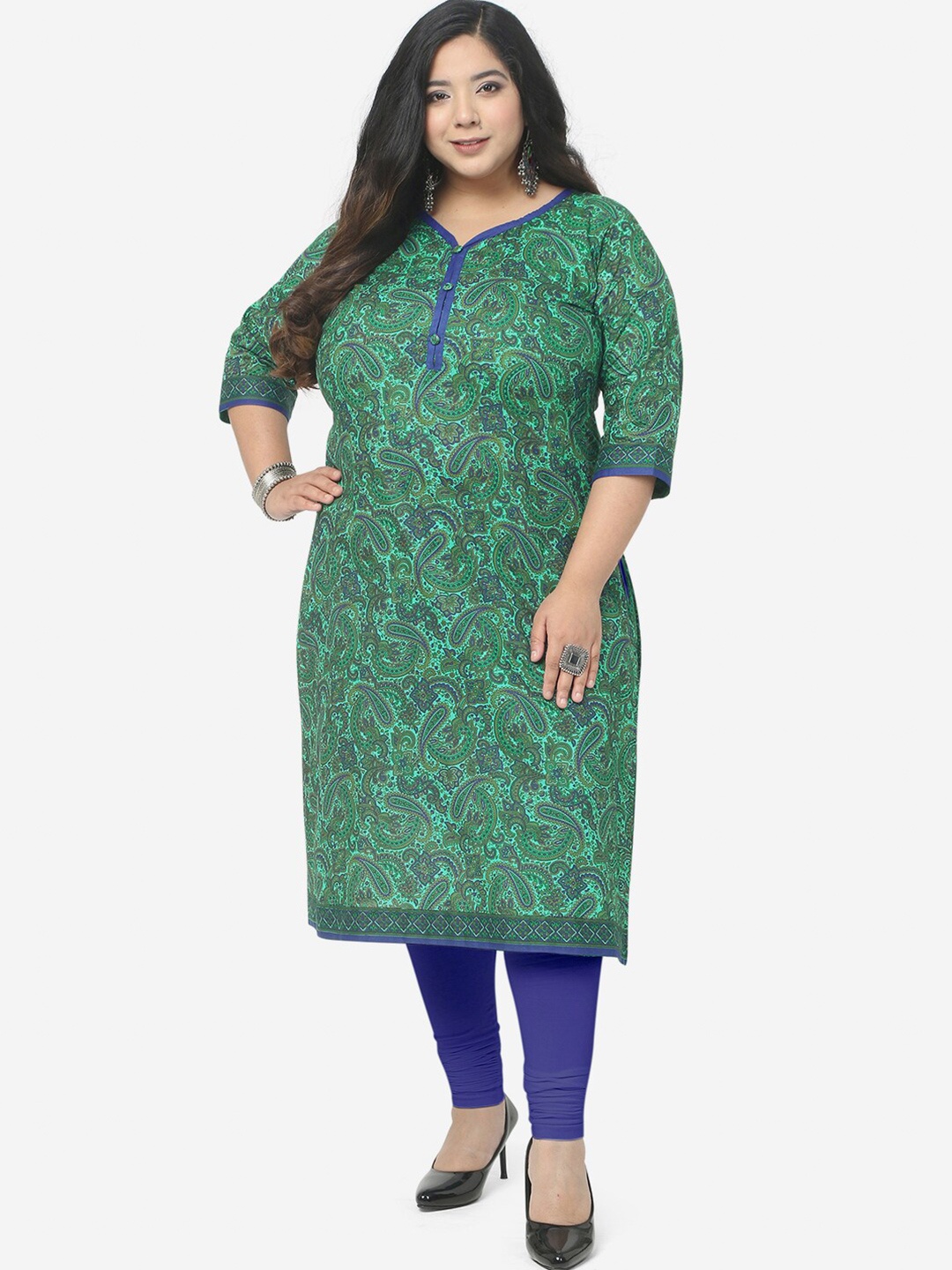 

Jevi Prints Women Plus Size Ethnic Motifs Printed Pure Cotton Kurta, Green