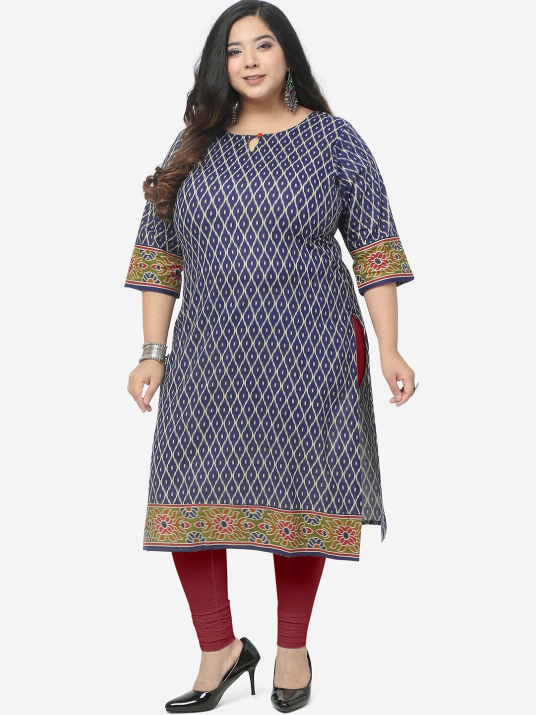 

Jevi Prints Women Plus Size Ethnic Motifs Printed Keyhole Neck Pure Cotton Kurta, Blue
