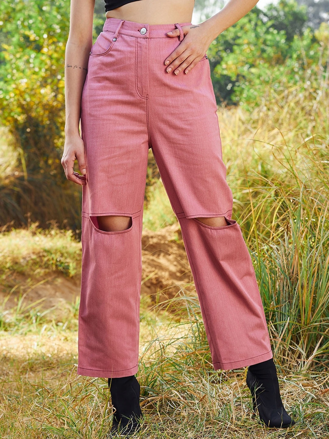 

Athena Women Knee Cut- Out Denim Trousers, Pink