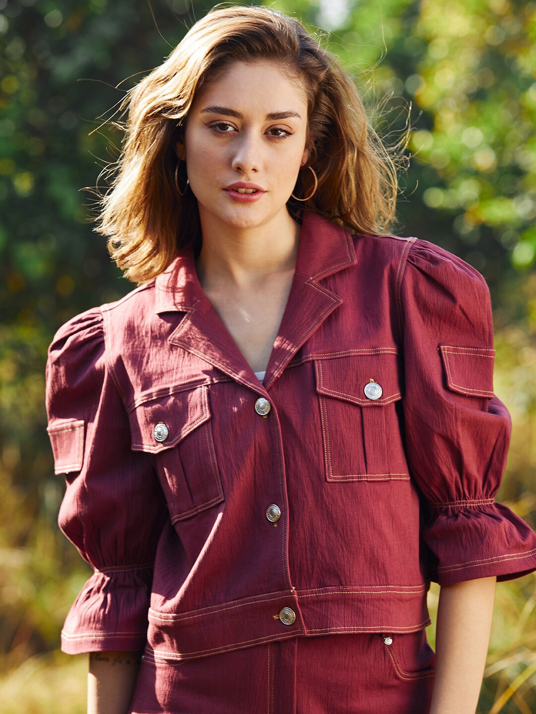 

Athena Women Lapel Collar Cotton Denim Crop Jacket, Brown
