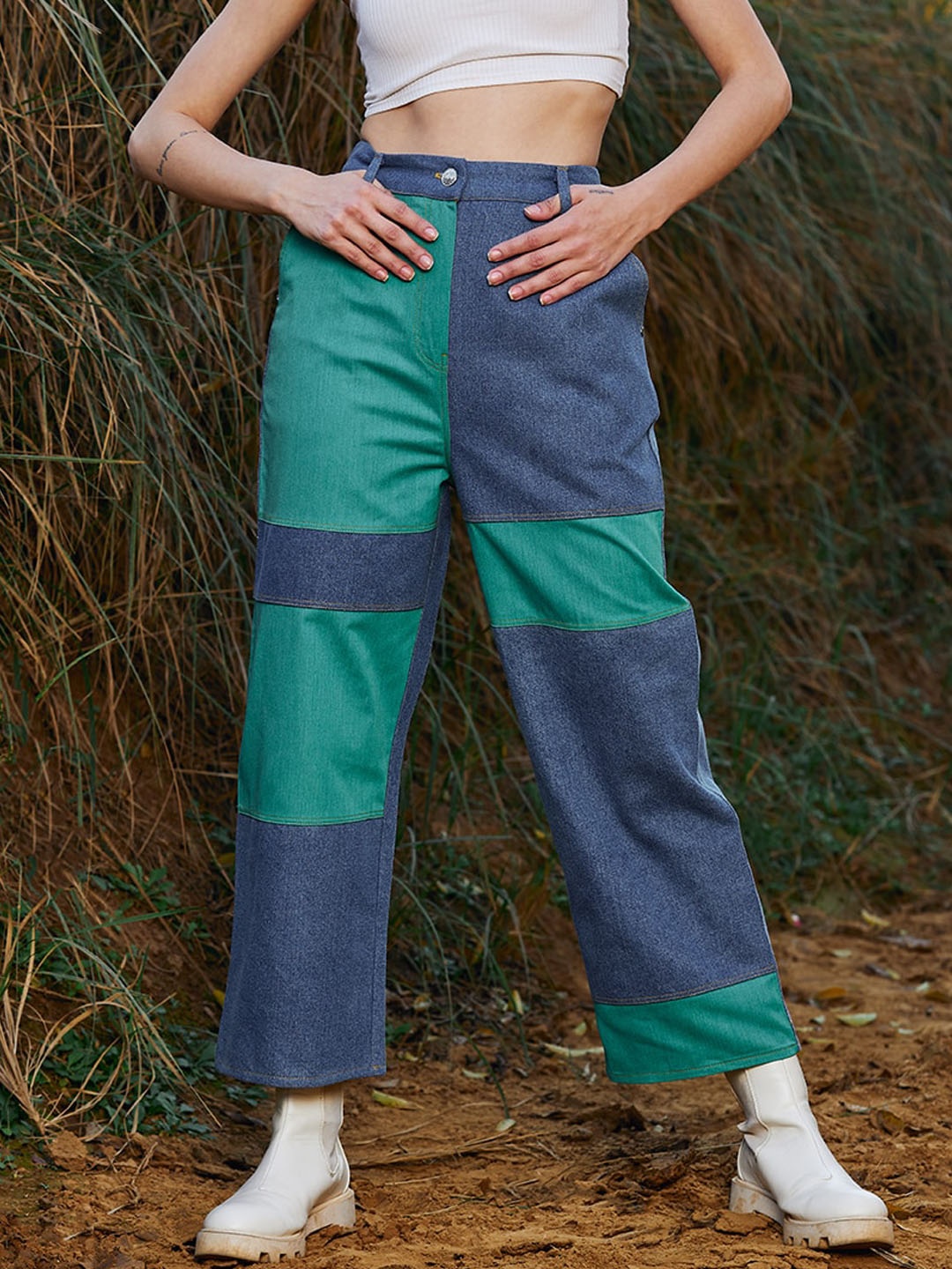

Athena Women Colourblocked Denim Trouser, Blue