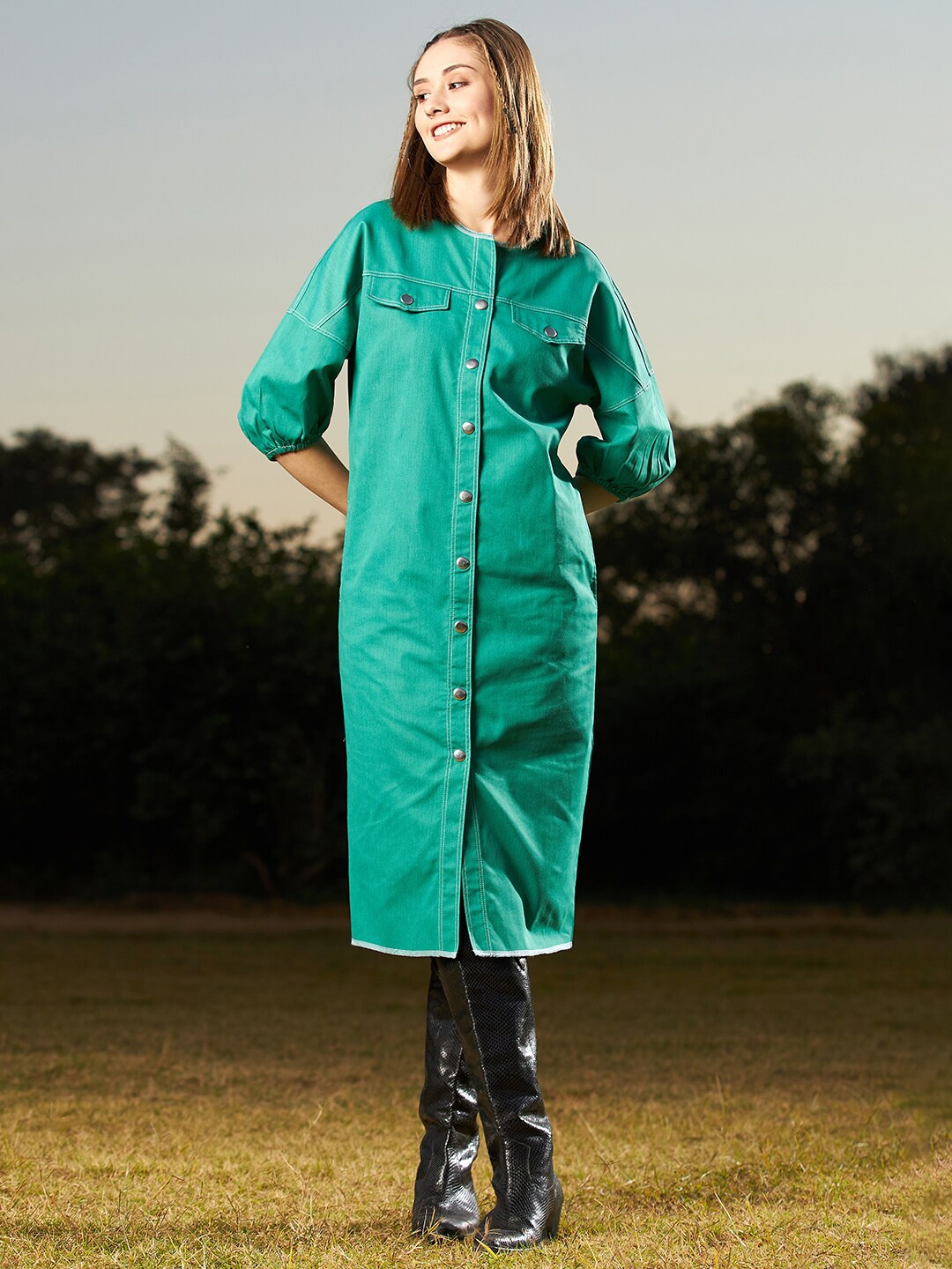 

Athena Cotton Denim A-Line Midi Dress, Green
