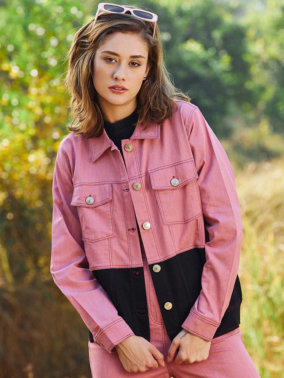 

Athena Women Colourblocked Cotton Denim Jacket, Pink