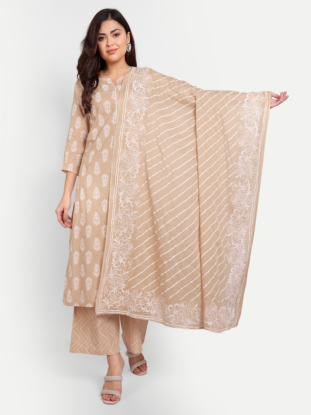 

Haute and Humble Floral Printed Notch Collar Pure Cotton Kurta with Palazzos & Dupatta, Beige