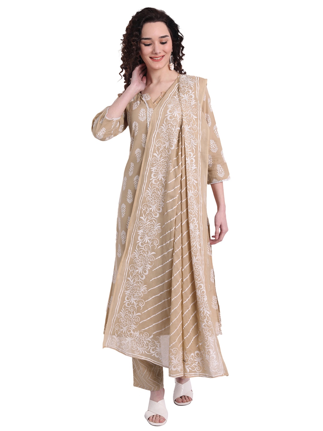 

Haute and Humble Floral Printed Notch Collar Pure Cotton Kurta with Trousers & Dupatta, Beige