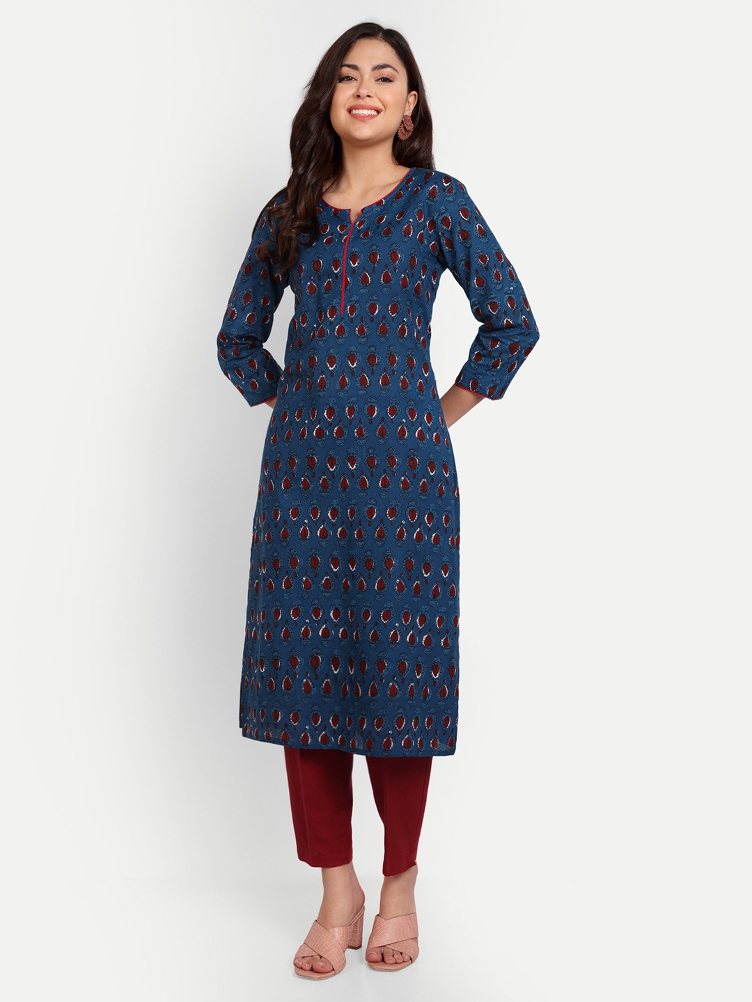 

Haute and Humble Ethnic Motifs Printed Notched Neck Block Print Kurta, Blue