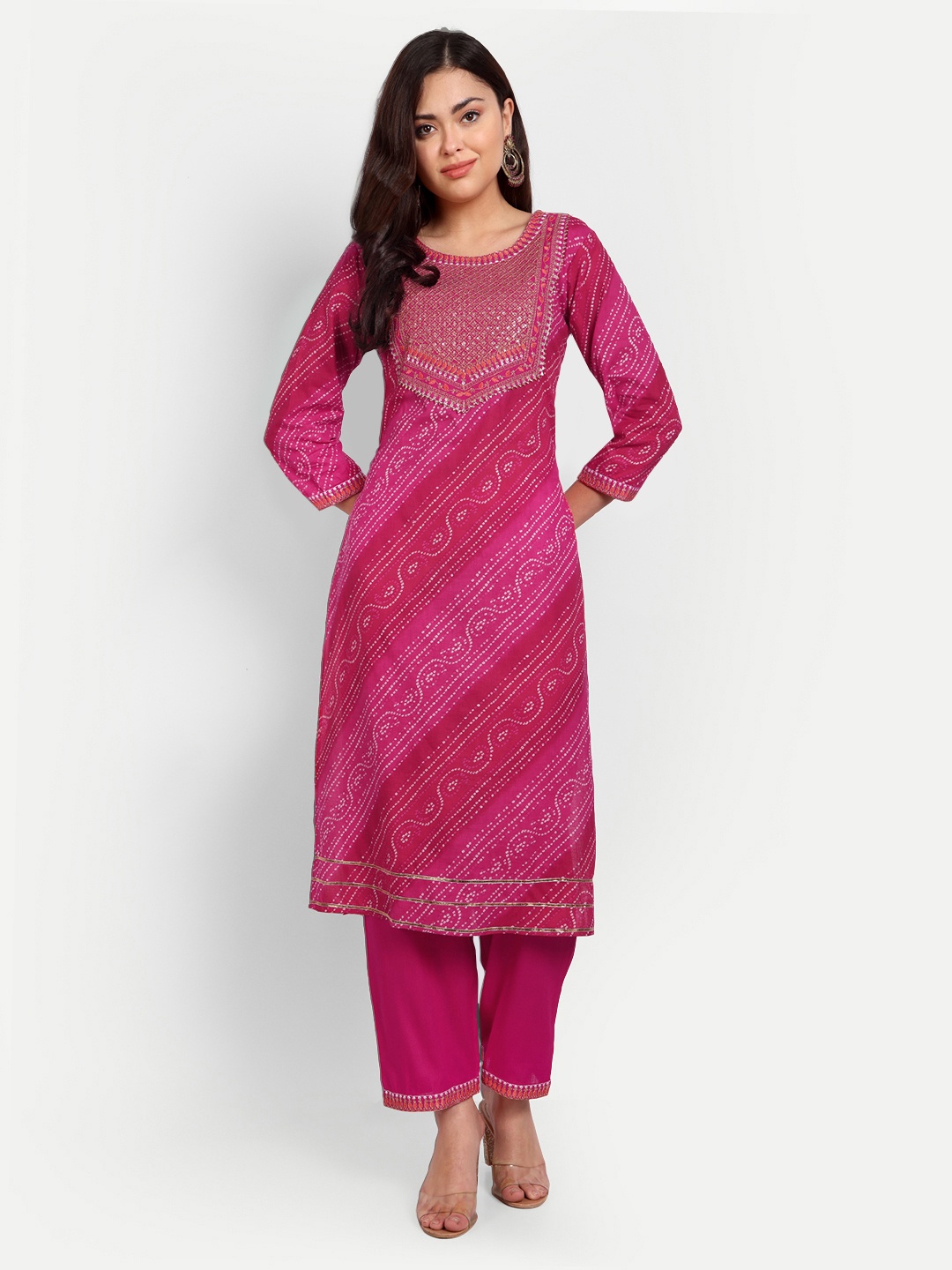 

Haute and Humble Women Embroidered Gotta Patti Pure Cotton Kurta with Trousers, Pink