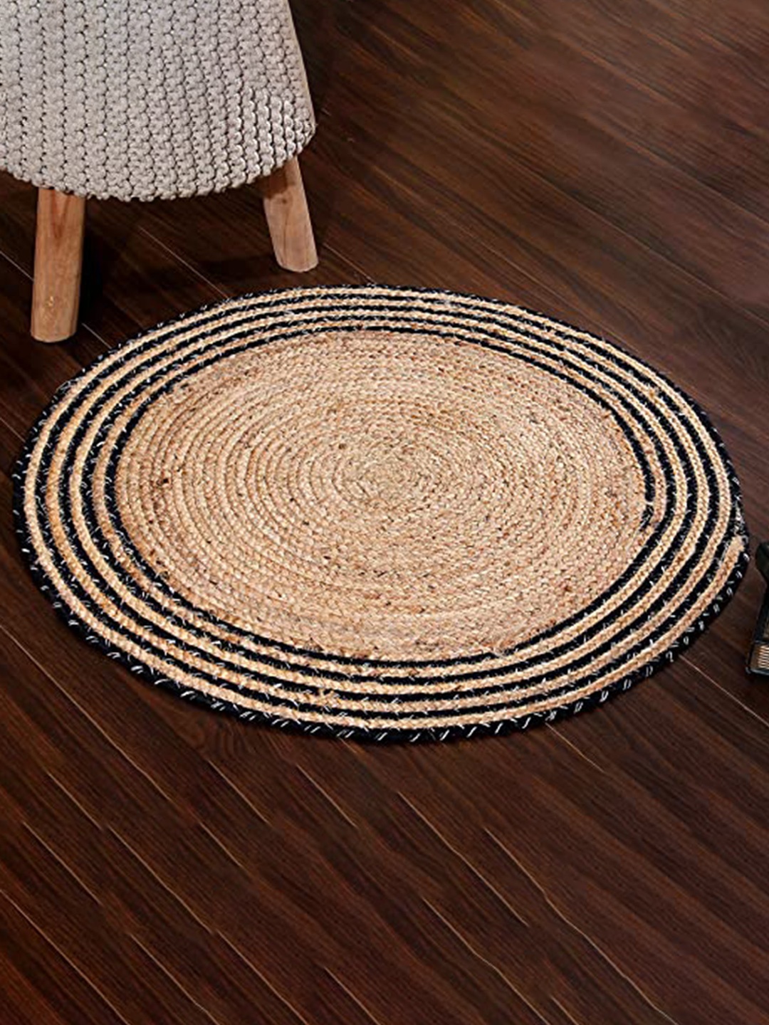 

SASHAA WORLD Tan and Black Striped Braided Round Jute Floor Mat