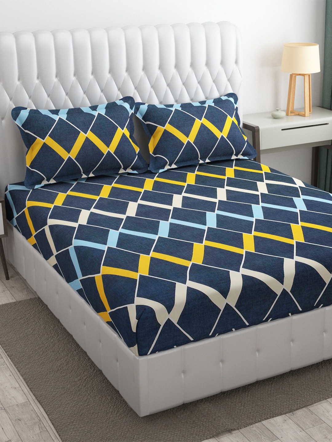 

Molly & Michel Blue & Yellow Geometric Printed 210 TC Queen Bedsheet with 2 Pillow Covers