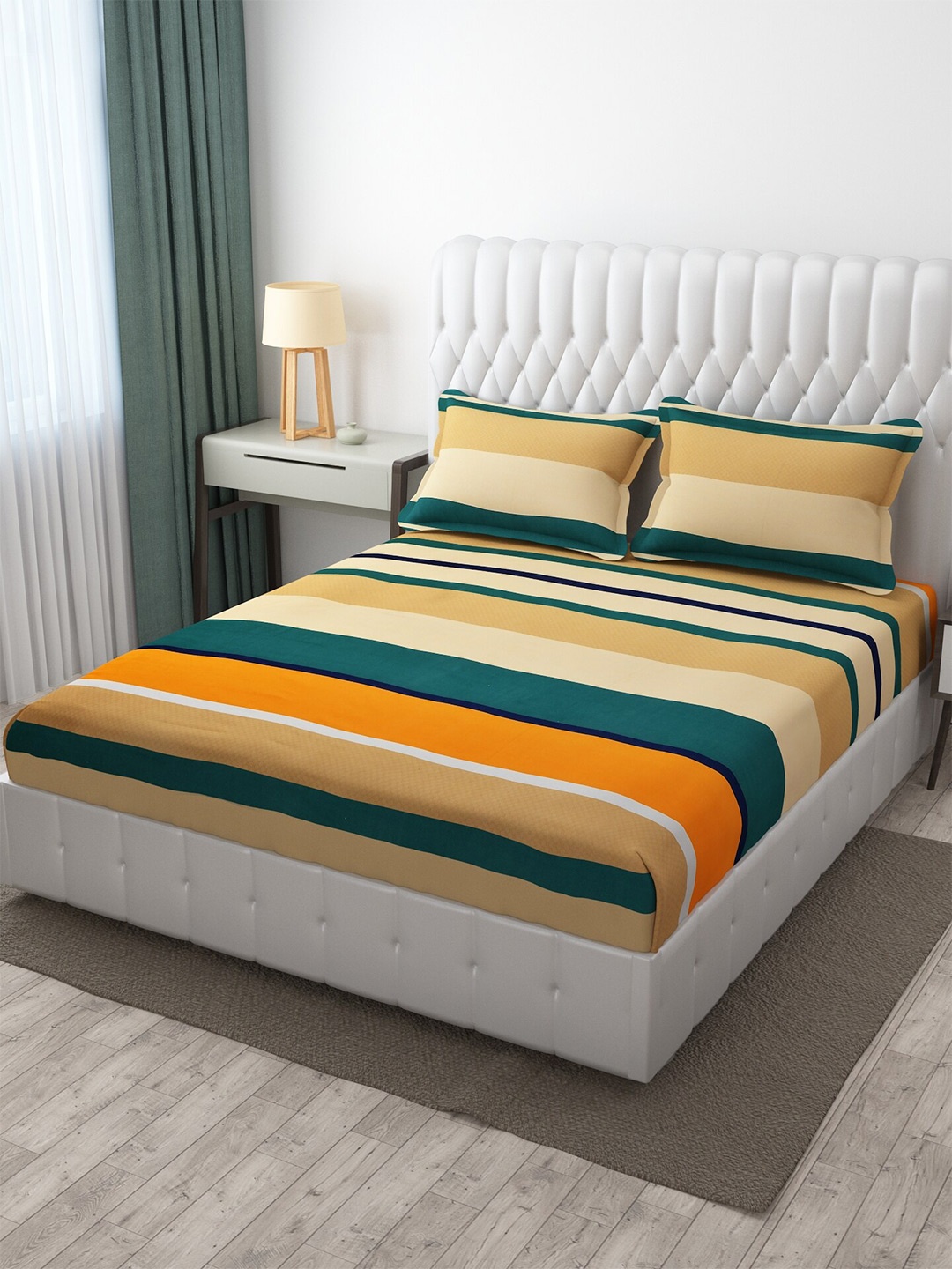

Molly & Michel Orange & Green Striped 210 TC Queen Bedsheet with 2 Pillow Covers