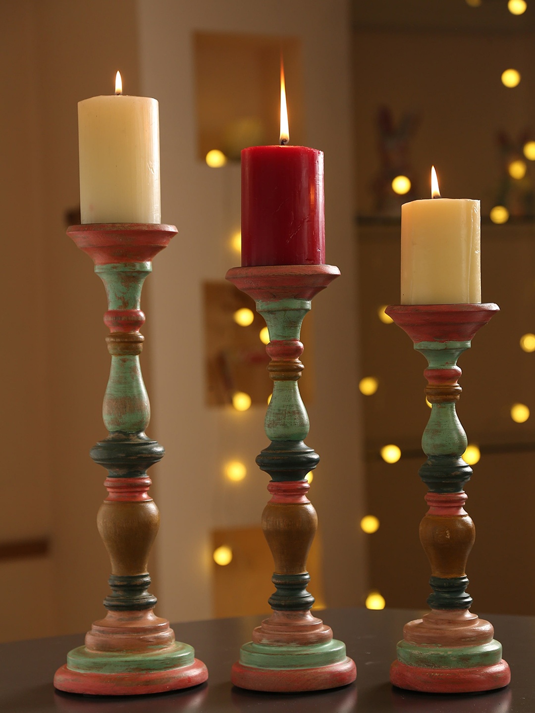 

Amoliconcepts Green & Peach Set Of 3 Distress Finish Wooden Candle Holder