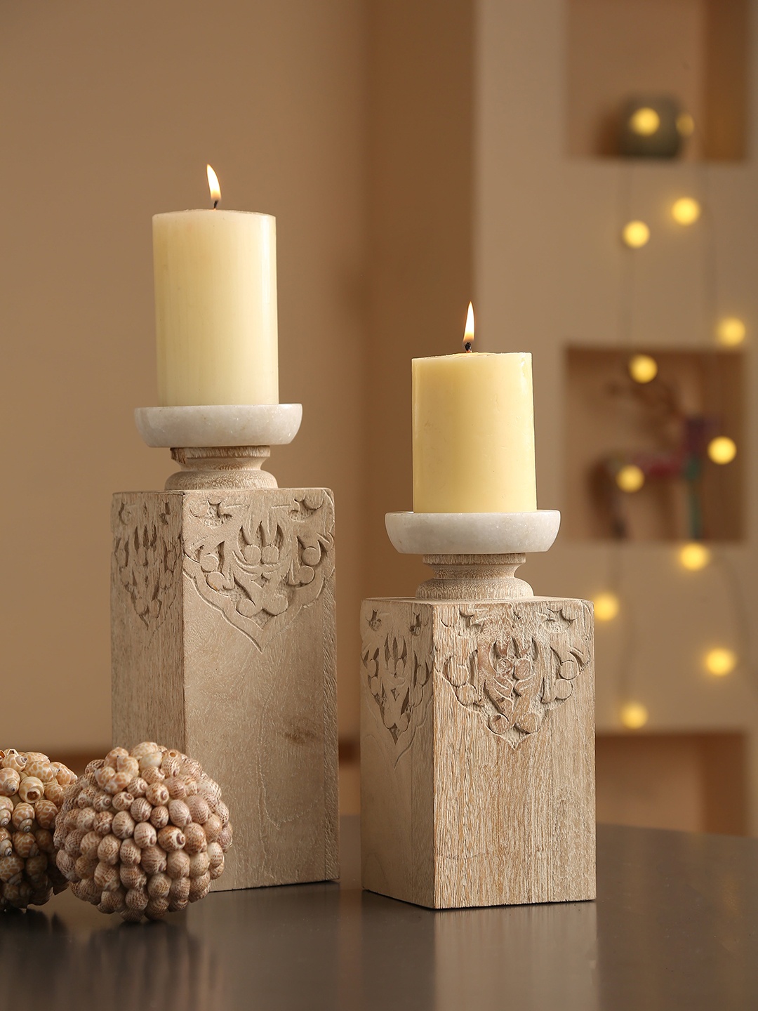 

Amoliconcepts Beige & White Set Of 2 Carved Candle Holders with Marble Top