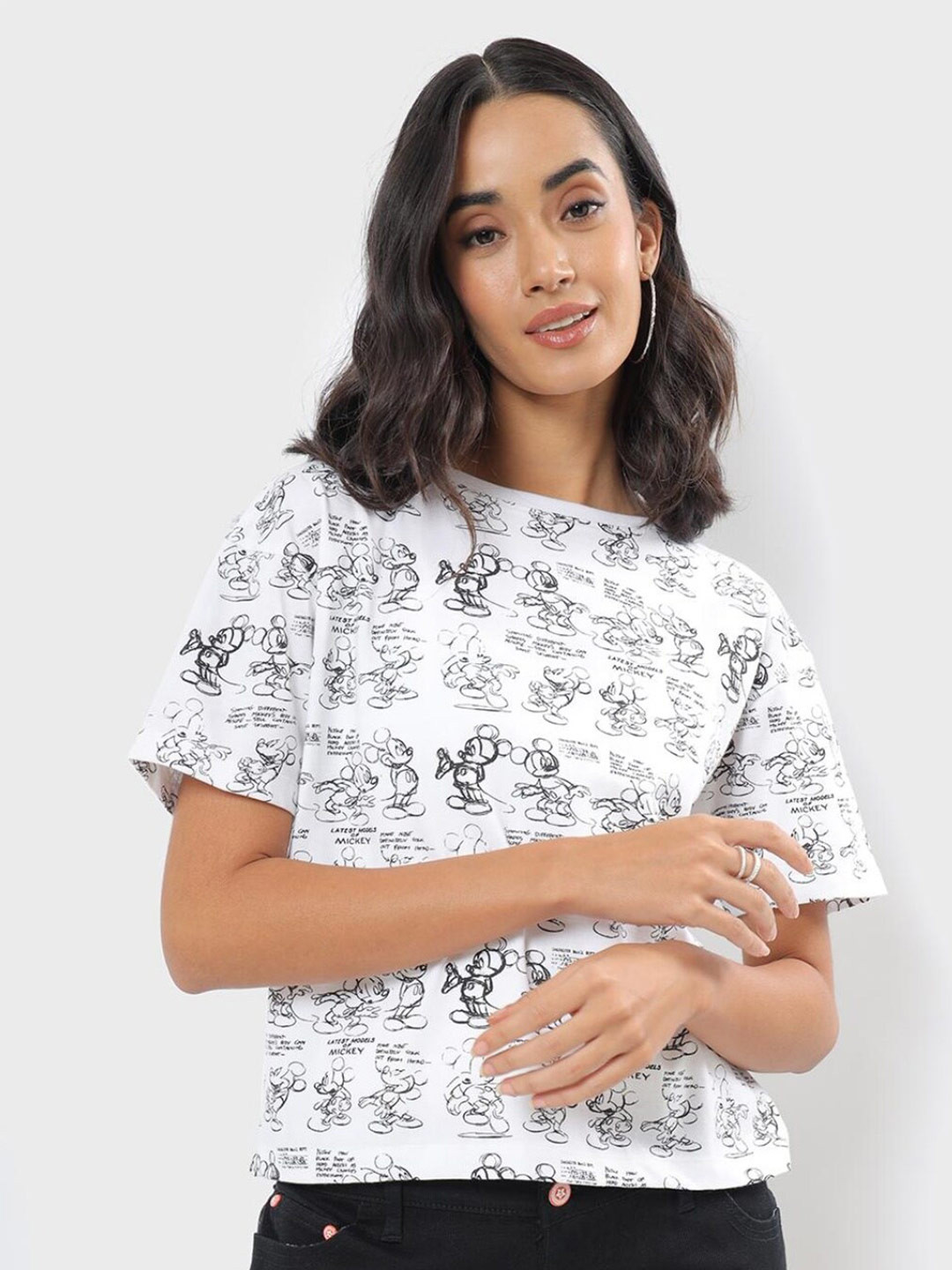

Bewakoof Women Mickey Mouse Printed Drop-Shoulder Sleeves Boxy Cotton T-shirt, White