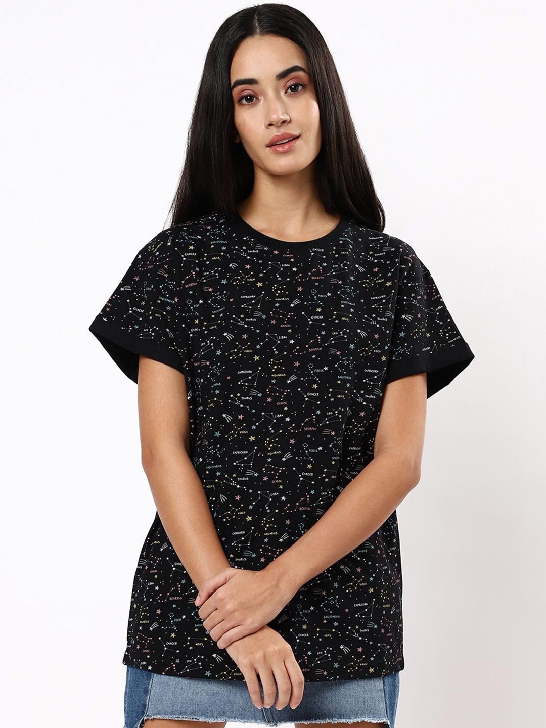 

Bewakoof Women Printed Loose Cotton T-shirt, Black