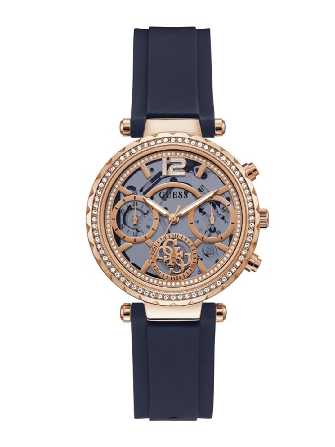 

GUESS Women Multicoloured Embellished Dial & Blue Leather Straps Analogue Watch, Gold