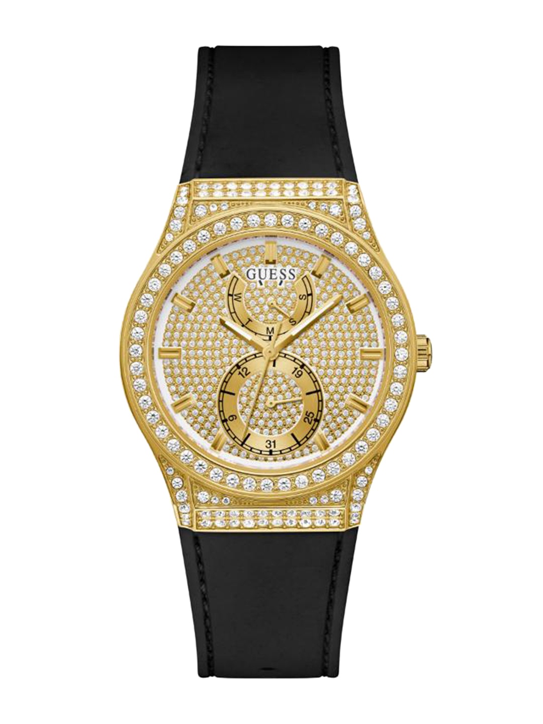 

GUESS Women Embellished Dial & Black Straps Analogue Watch-GW0439L2, Gold