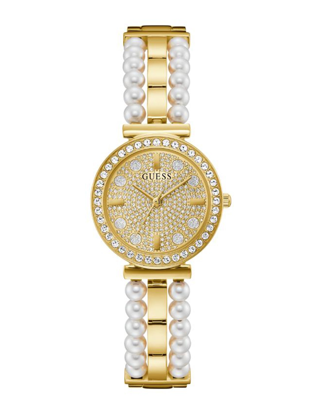 

GUESS Women Embellished Dial & Stainless Steel Bracelet Style Straps Analogue Watch GW0531L2, Gold