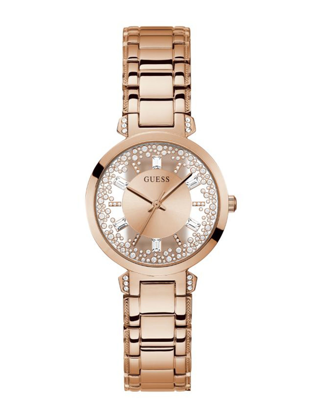 

GUESS Women Embellished Dial & Bracelet Style Straps Analogue Watch GW0470L3, Gold