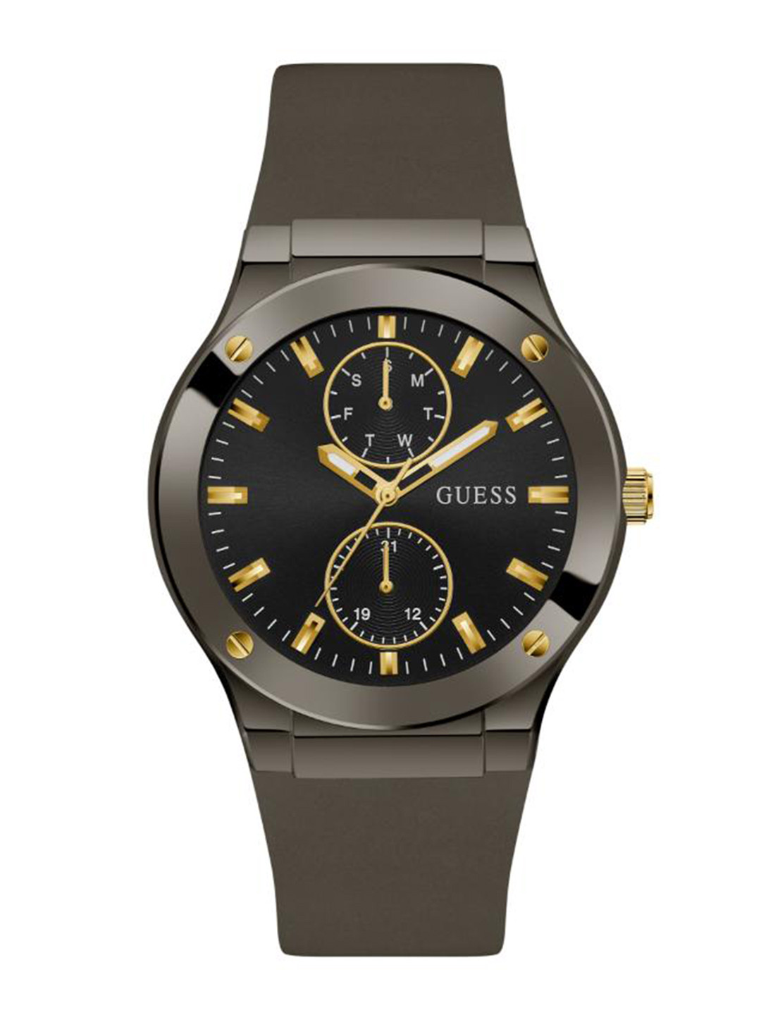 

GUESS Men Brown Dial & Grey Leather Straps Analogue Watch GW0491G1-Black, Gold