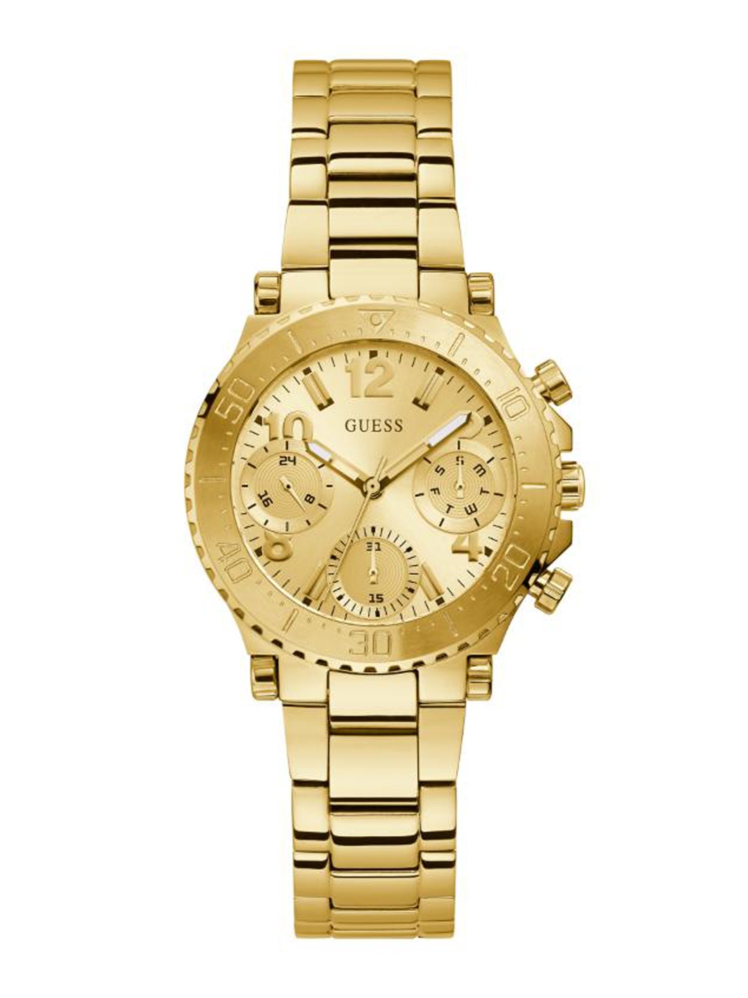 

GUESS Women Embellished Dial & Stainless Steel Bracelet Style Straps Analogue Watch GW0465L1, Gold