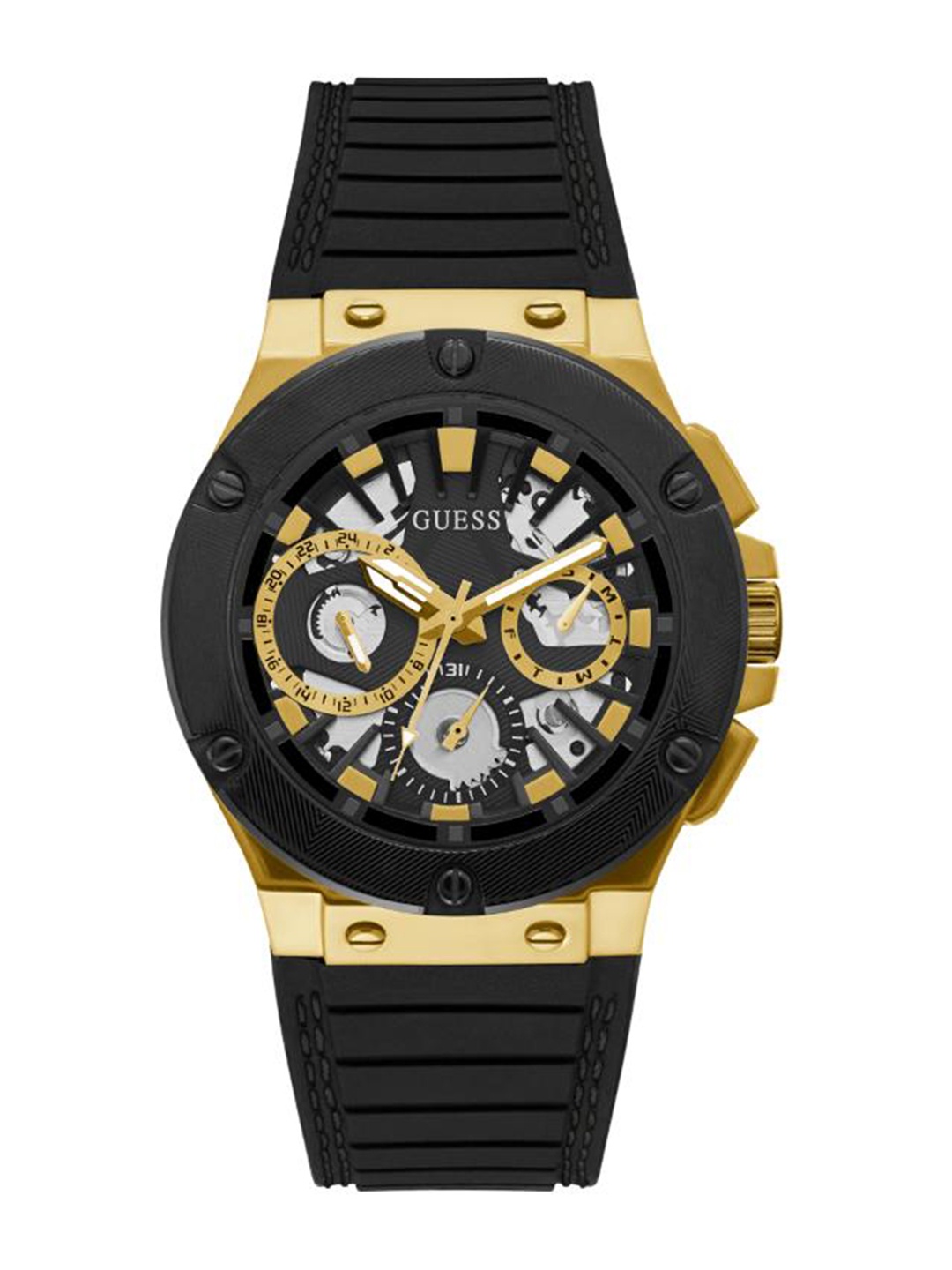 

GUESS Men Skeleton Dial & Stainless Steel Textured Straps Analogue Watch- GW0487G5, Gold