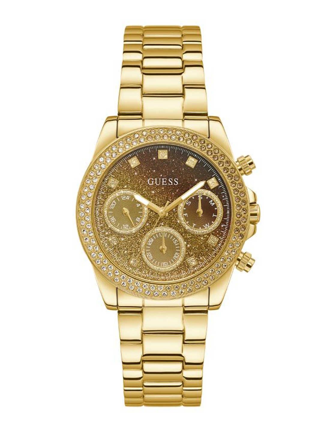 

GUESS Women Embellished Dial & Stainless Steel Bracelet Style Straps Analogue Watch GW0483L2, Gold