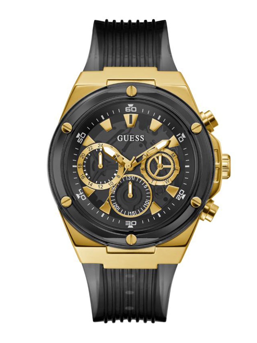 

GUESS Men Stainless Steel Dial & Silicon Textured Straps Analogue Watch GW0425G1, Black