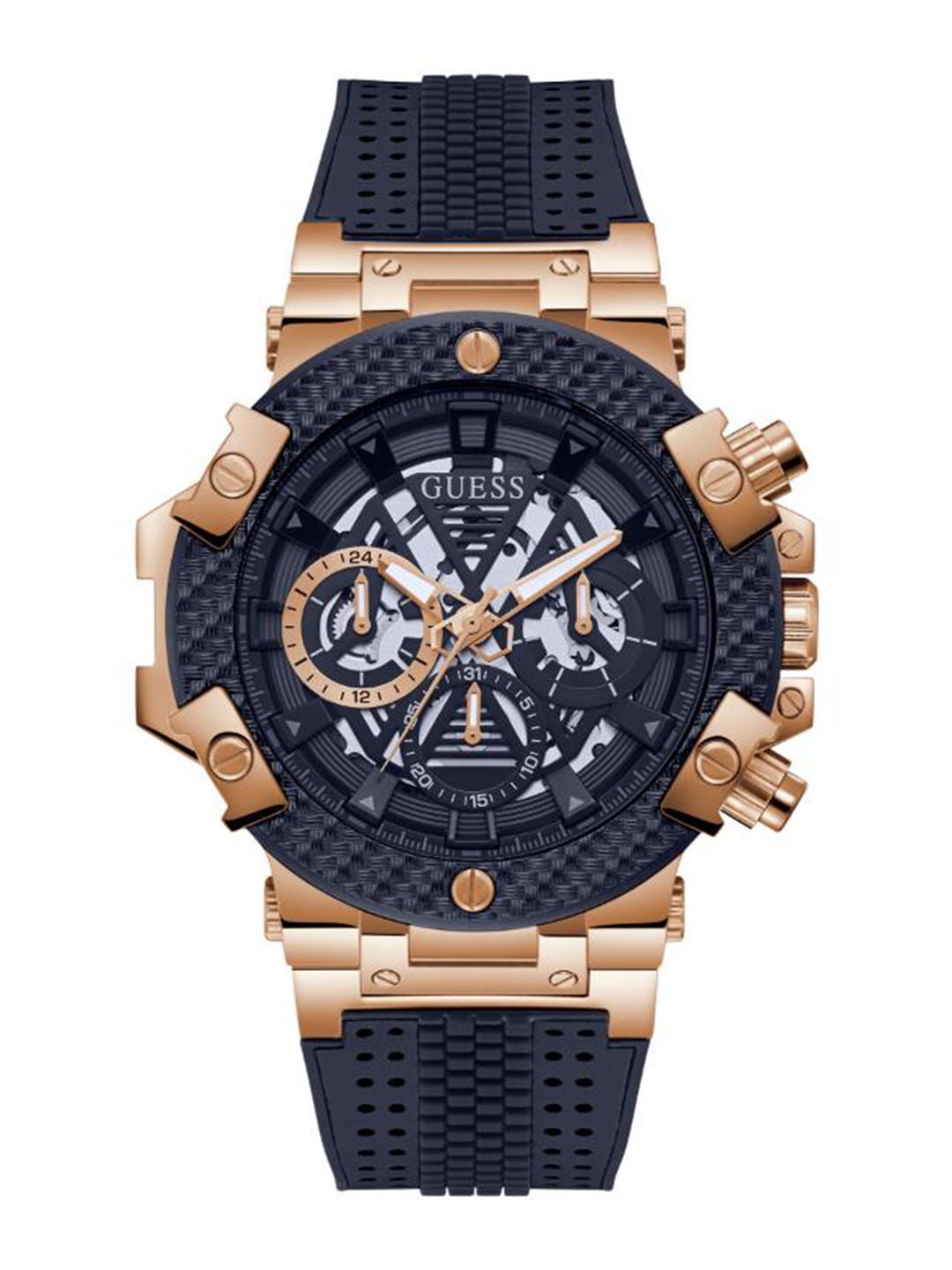 

GUESS Men Embellished Dial & Leather Textured Straps Analogue Watch, Gold