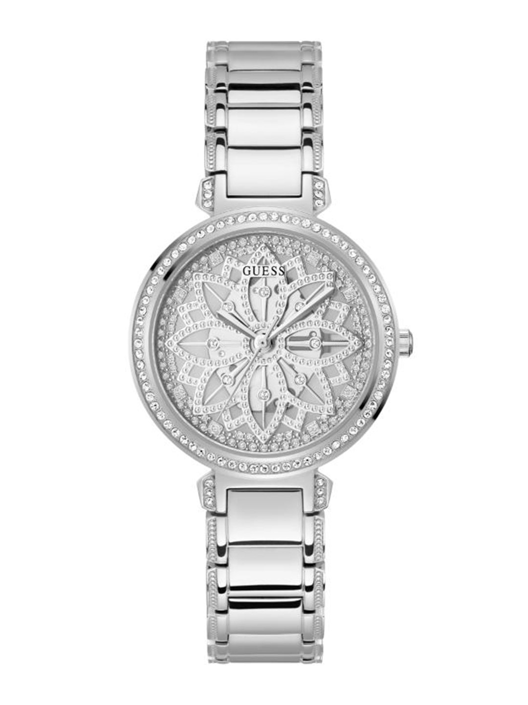 

GUESS Women Embellished Dial & Stainless Steel Bracelet Style Straps Analogue Watch, Silver