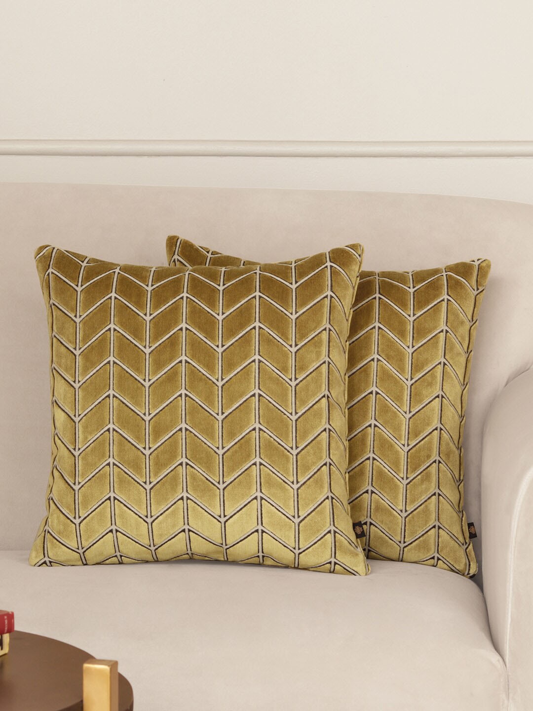 

GM Mustard Yellow & Black Set of 2 Geometric Velvet Square Cushion Covers