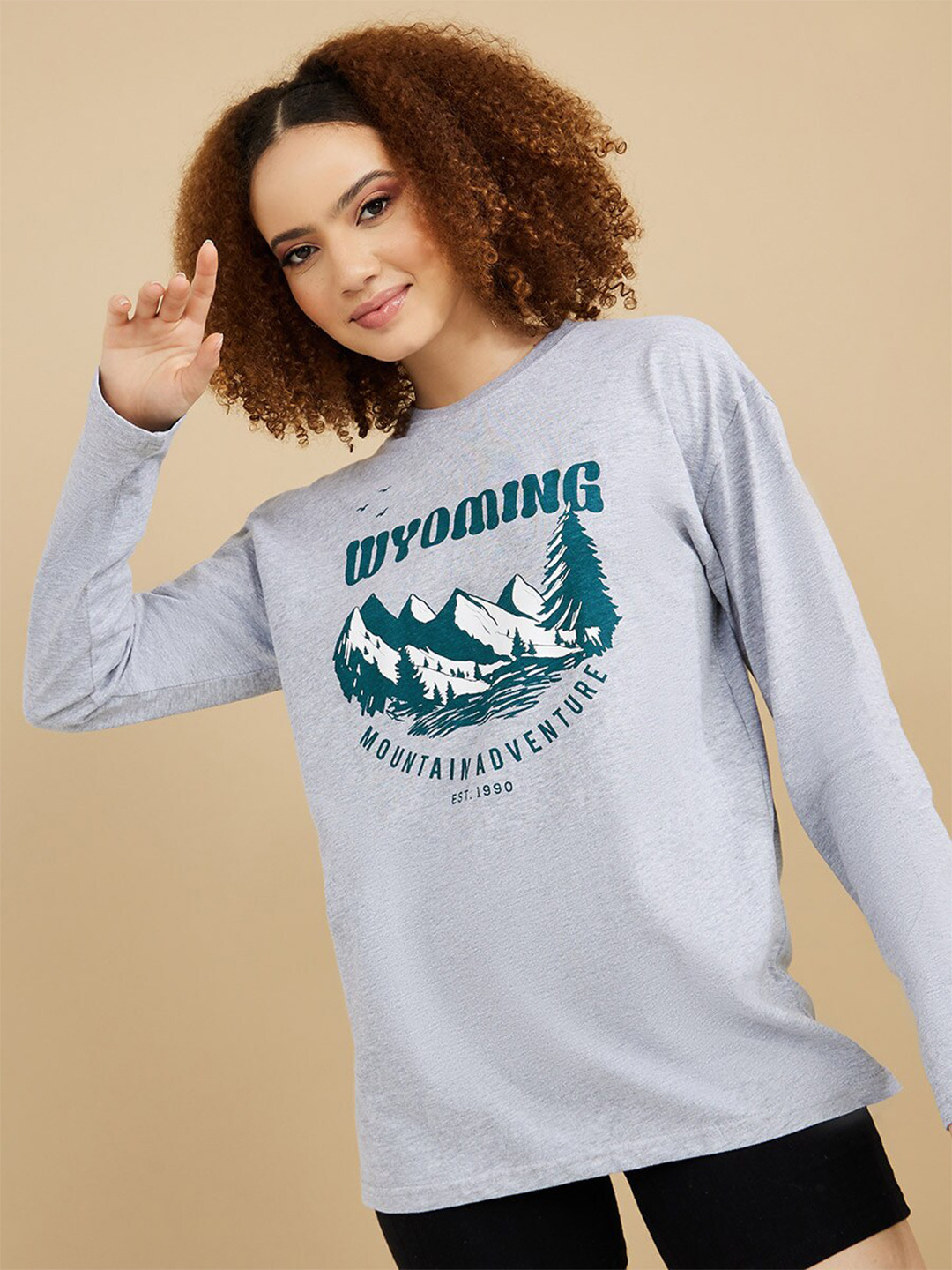 

Styli Women Printed Drop-Shoulder Sleeves Loose Cotton T-shirt, Grey