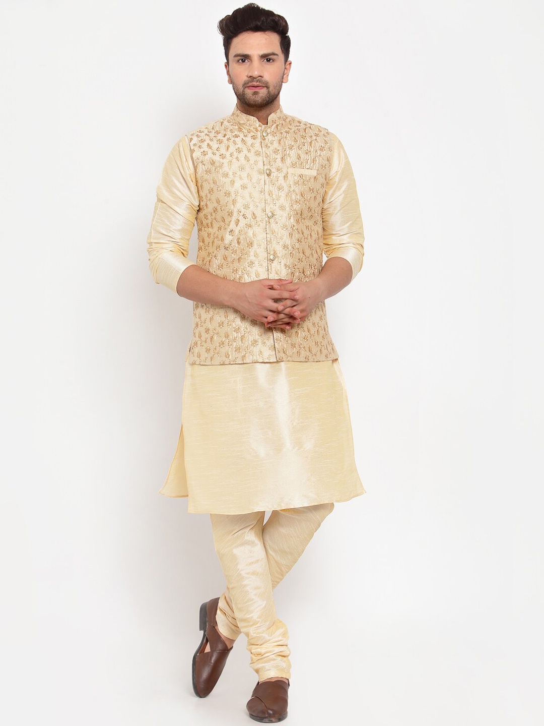 

KRAFT INDIA Men Solid Kurta with Churidar & Nehru Jacket, Beige